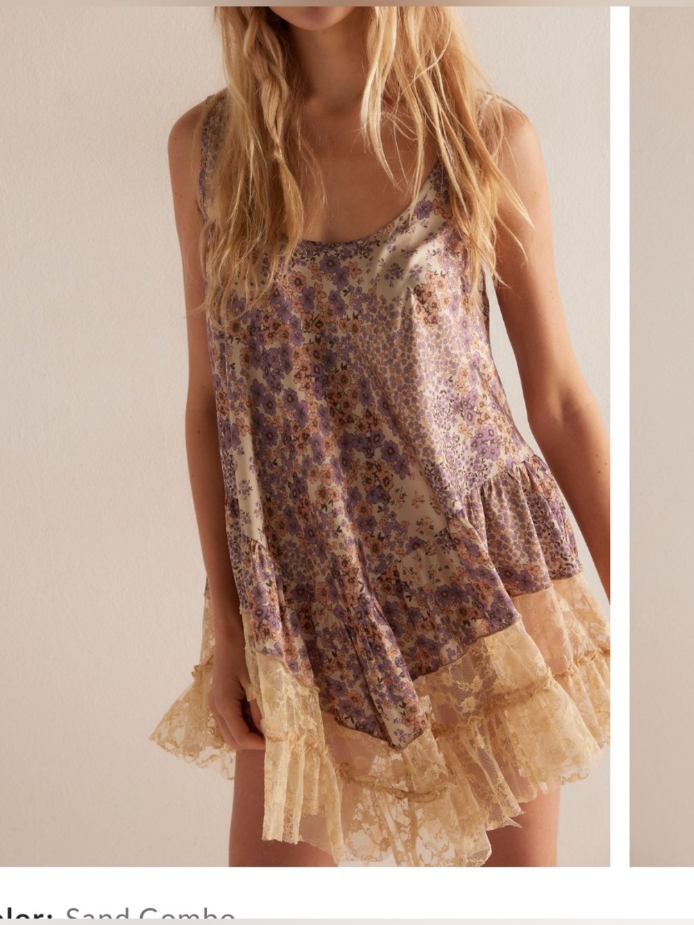 Free People Young and In Love Floral Sand Combo Lace-Trim Sleeveless Slip Dress